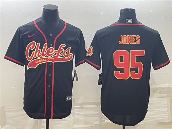 Men's Kansas City Chiefs #95 Chris Jones Black With Patch Cool Base Stitched Baseball Jersey